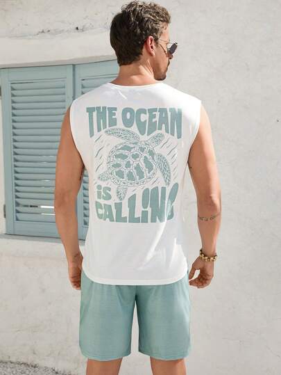 VIVINTIMO 男士“海洋呼唤”海龟印花无袖背心和短裤套装，宽松版型，适合夏季户外穿着，夏季海滩舒适装