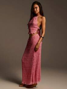 Athîral Women's Casual Vacation Pink Ruffle Trim 2 Pieces Set, Backless Camisole Top And Long Skirt - Pink - View 6