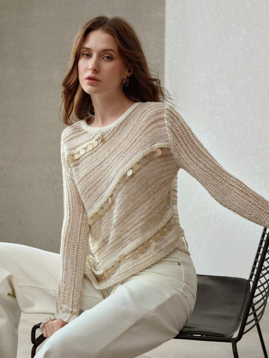 MOTF PREMIUM WOMEN'S ASYMMETRIC HEM CONTRAST SEQUIN SWEATER - Khaki - View 1