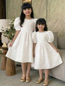 SHEIN Vestido corto de manga abullonada con lazo decorativo y espalda descubierta, informal y de vacaciones, para niñas preadolescentes, color blanco, primavera/verano - Blanco - Ver 6