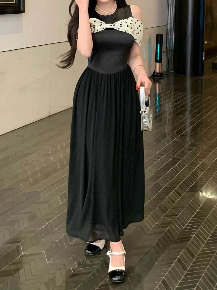 Women's Elegant Polka Dot Patchwork Open Shoulder Long Dress Sundress