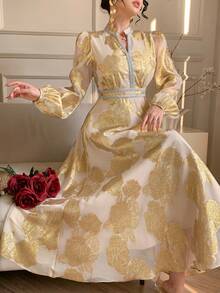 DAZY Textured Waist Cinching Midi Dress For Women, Vacation - Gold - View 1