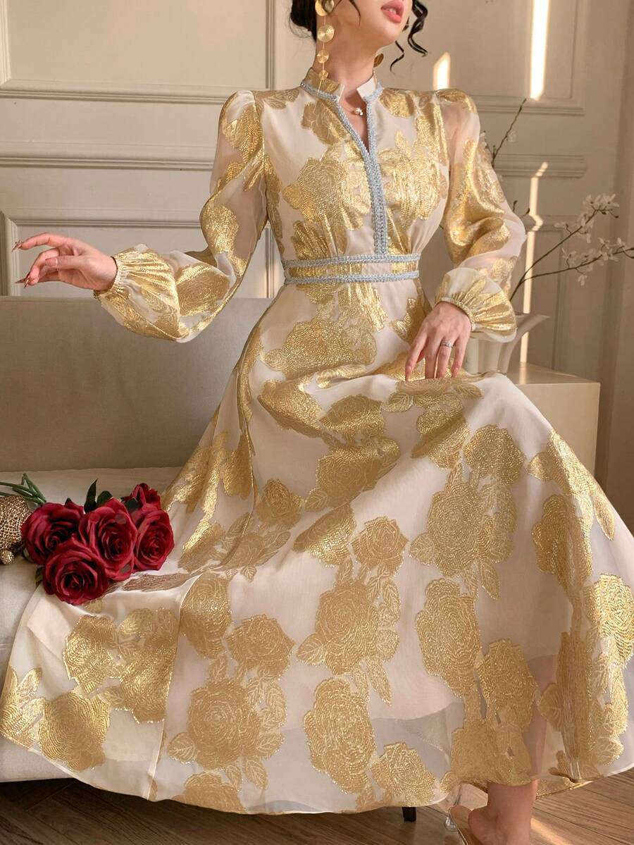 DAZY Textured Waist Cinching Midi Dress For Women, Vacation - Gold - View 1