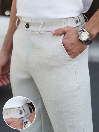 Manfinity Mode Men's Solid Color Casual Linen Pants, Solid Color Long Trousers With Pockets, Suitable For Boyfriend Or Husband, Daily Commute And Outings