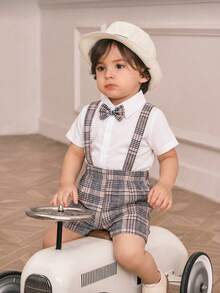 2pcs Baby Boys Short Sleeve Shirt Jumpsuit With Bowtie & Plaid Suspenders Shorts, Gentleman Outfit Suitable For Festivals And Outdoor Activities, Summer Toddler Suit Bow Tie Baby Boy Elegant Clothes Baby Boy Gentleman Outfit Baby Boy Plaid Outfit Boy Summer Outfit Set Vintage Clothes Baby Baby Boy Short Sleeve Suits - Multicolor - View 8