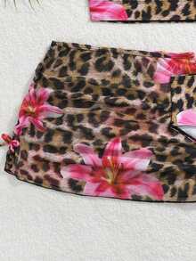 SHEIN Tween Girl Floral & Leopard Print Spaghetti Strap Tankini Bikini Set Set With Skirt