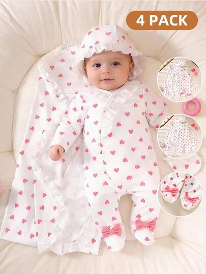 SHEIN 新生女婴粉色系列春季双面提花连体裤套装（含帽子和手套）礼盒