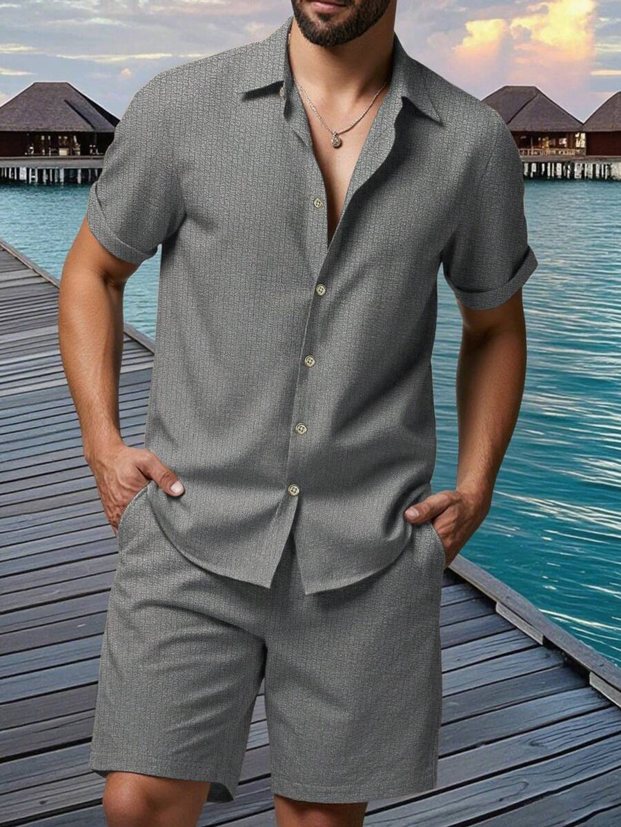 Manfinity RSRT 男士休闲度假短袖衬衫套装 - 灰色 - 查看 1