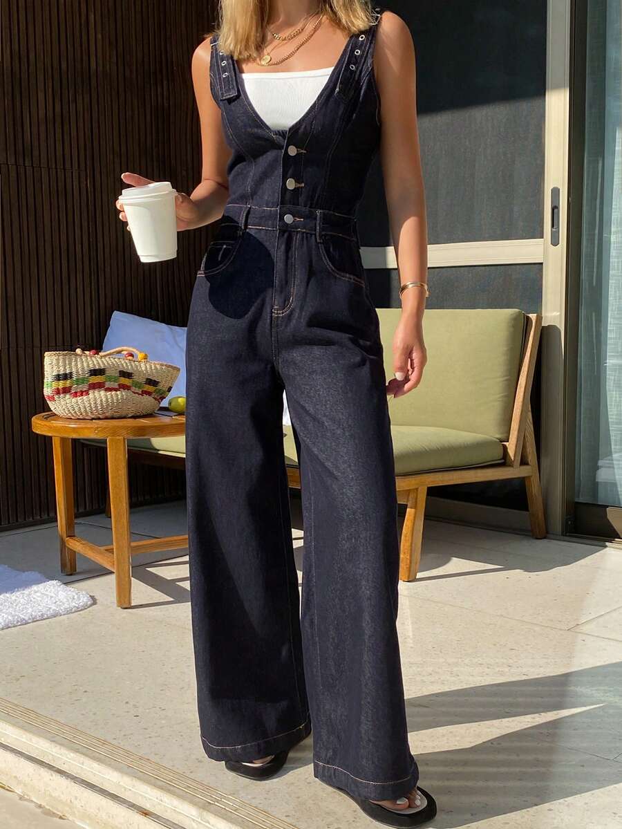 DAZY Women's V-Neck Suspender Pants, Waist Cinched Loose Straight Leg Casual Denim Overalls And Jumpsuit - Dark Wash - View 1