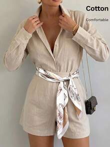 Editum Bộ đồ nữ mới thanh lịch gồm áo sơ mi và quần short màu trơn, thoải mái, thích hợp mặc hàng ngày và đi làm. - Màu be - Xem 12