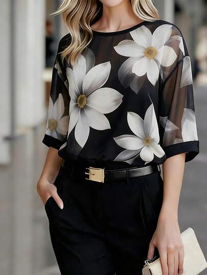 SHEIN Blouse ronde à imprimé floral transparent, décontractée pour l'été