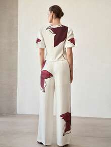 MOTF PREMIUM WOMEN ASYMMETRIC FLORAL PRINT SHORT SLEEVE TOP AND PANTS 2 PIECES SET - Apricot - View 3