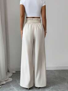 SHEIN Elenzya 女士花卉腰部设计弹力腰阔腿裤，优雅迷人，适合度假、日常、法式休闲、通勤、商务、浪漫约会、早春/春夏穿着，杏色 - 米色 - 查看 2