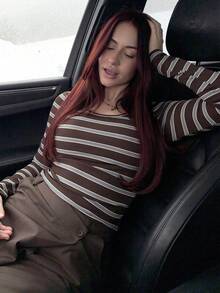 Abrilcols Women's Autumn And Winter Clothing Bottom Versatile Keluli Brown Striped Casual Round Neck Long Sleeve Slim T-Shirt,Fall Tops - Brown - View 1