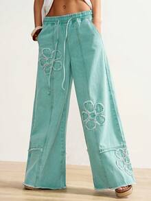 Bohemela Women's Casual Fashion Street Chic Daily Commute Drawstring Waist Raw Edge Floral Pattern Seam Front Loose Wide Leg Jeans Spring Outfit Women Valentines Day Beach Pants Spring Outfit Women   Beach Pants  Vacation Y2k Clothes - Army Green - View 7