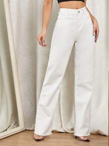 SHEIN PETITE Quần jeans nữ dáng suông, cạp cao, túi xéo, màu trơn, kiểu dáng thường ngày. - trắng - Xem 3