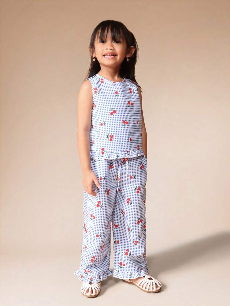 Sleeveless Tee And Ruffle Pant Set With Cherry Print