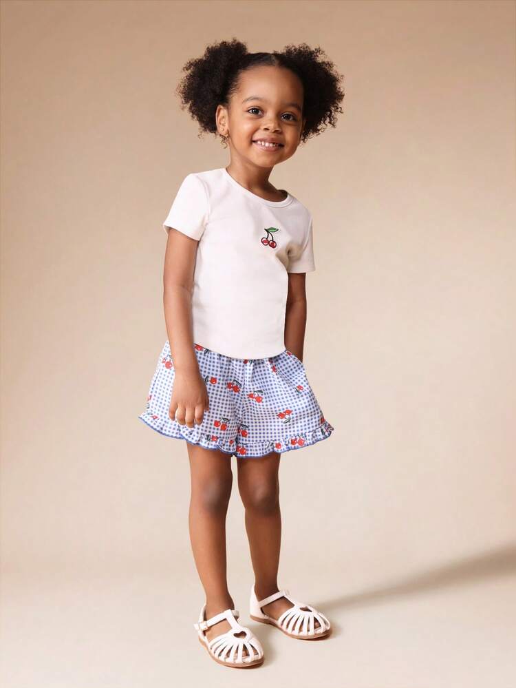 Cherry Print Ribbed T-Shirt With Gingham Ruffle Shorts