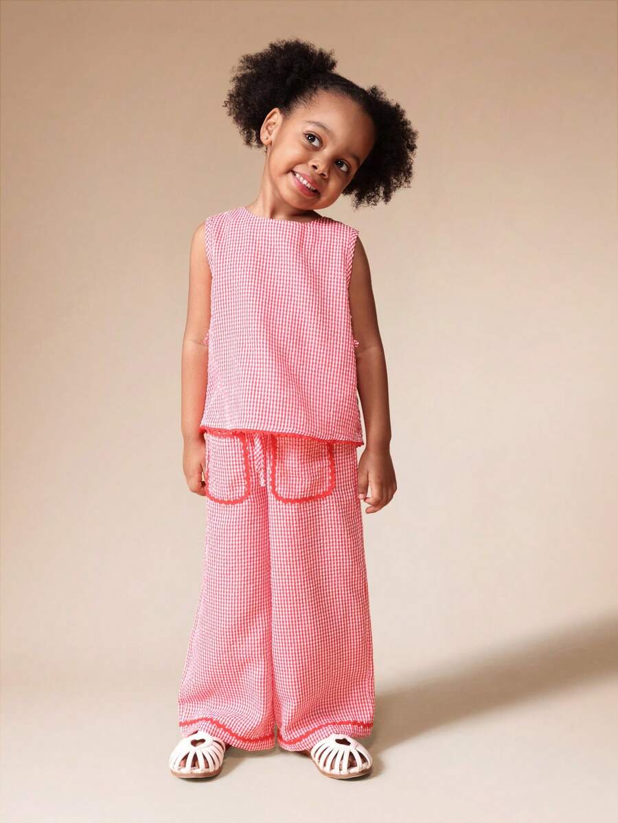 SUMWON 女童格纹背心阔腿裤两件套套装，饰有锯齿花边，夏季服装 - 紅色 - 查看 1