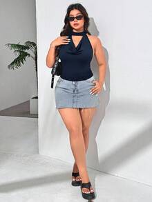 SHEIN EZwear Navy Blue Romantic Plunging Neck Plus Size Camisole, Spring, Summer Tops - Navy Blue - View 3