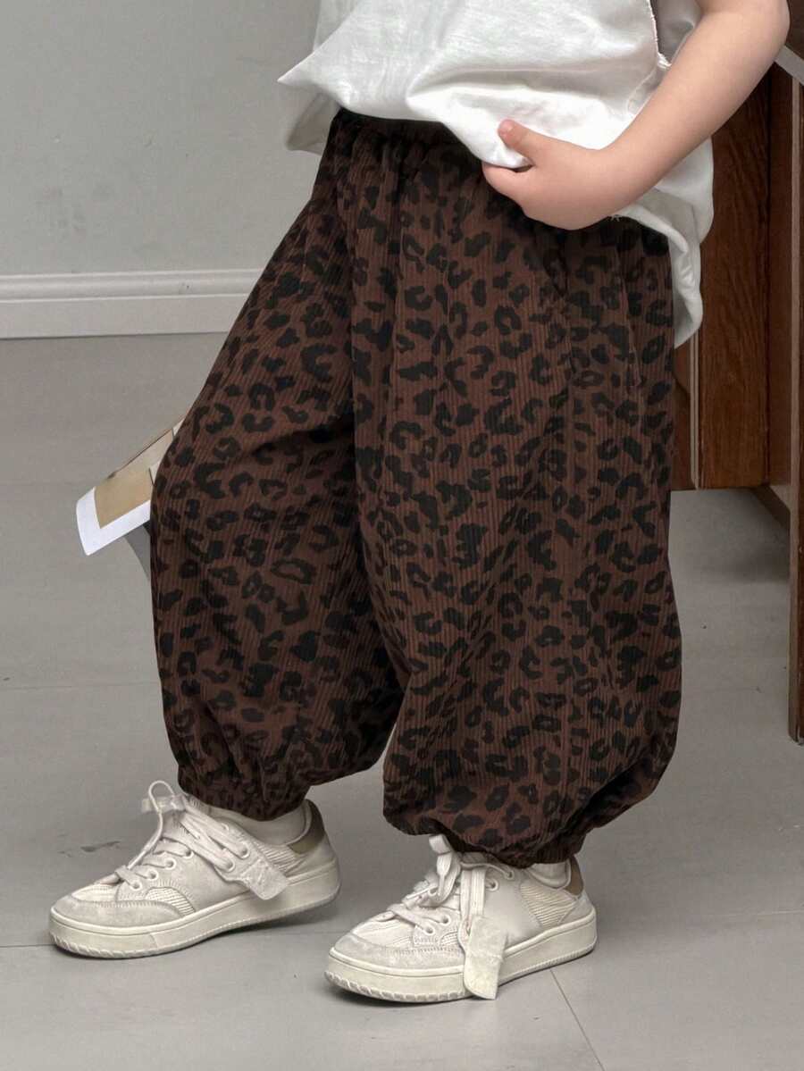 DAZY Young Boy Elastic Waist Leopard Print Loose Casual Harem Pants - Brown - View 1