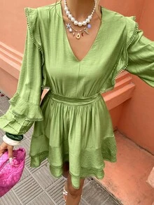 EMERY ROSE فستان نسائي بطبعة زهور وطبقات كشكشة على شكل حرف A، للارتداء اليومي والعطلات، للربيع والصيف - أخضر - مشاهدة 4