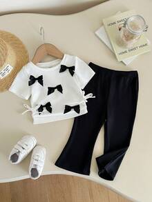 SHEIN 女婴夏季休闲可爱针织白色蝴蝶结上衣和松紧腰裤套装 - 白色 - 查看 1