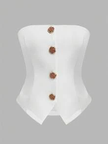 Franclia Women's Elegant Floral Button Decor Camisole Top, Summer - White - View 3
