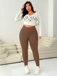 SHEIN EZwear 咖啡棕色加大码女式不对称腰休闲紧身裤 - 咖啡棕 - 查看 5