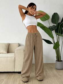 Solflare Khaki Casual Plus Size Pants, Minimalist Everyday Wear Fall - Khaki - View 4