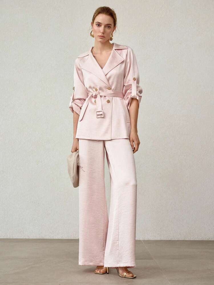 SATIN SOLID LAPEL COLLAR DOUBLE BREASTED PLACKET ROLL TAB SLEEVE BUCKLE BELTED COAT