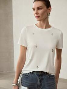 MOTF PREMIUM WOMEN'S RHINESTONE EMBELLISHED ROUND NECK SHORT SLEEVE T-SHIRT - White - View 6
