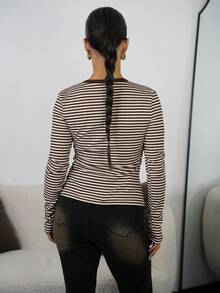 SAYEHFBABY Winter Clothes For Women Grunge Daily Wear Going Out Brown Striped Knit V-Neck Long Sleeve T-Shirt - Coffee Brown - View 2
