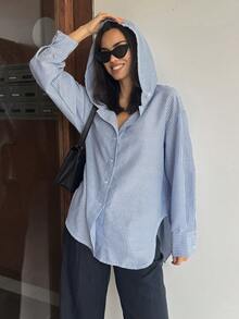 Livesso Women's Striped Hooded Single-Breasted Casual Versatile Commuting Jacket, Long Sleeve - Blue - View 4