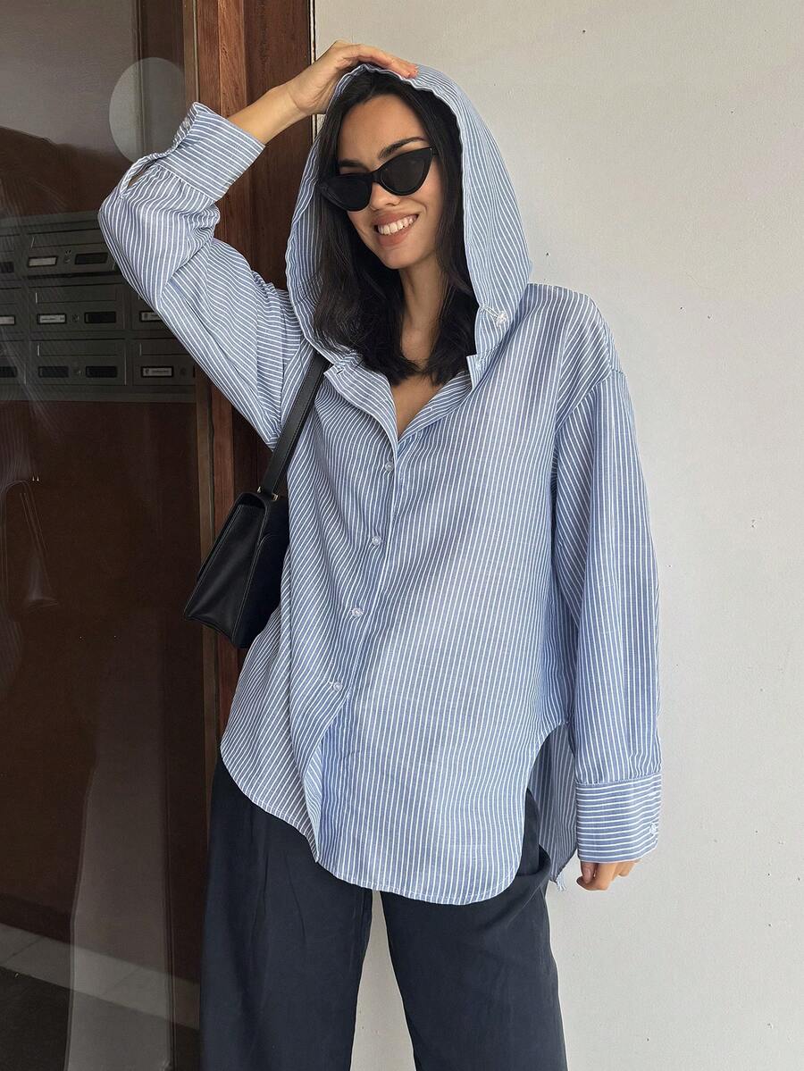 Livesso Women's Striped Hooded Single-Breasted Casual Versatile Commuting Jacket, Long Sleeve - Blue - View 1