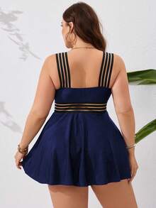 Swim Lushoire Plus Size Vacation Beach Tankini Swimwear Set - Navy Blue - View 2