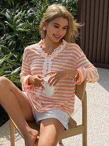 DAZY Conjunto de pijama para mujer con top holgado de rayas con volantes de color contrastante y shorts blancos - Naranja - Ver 1