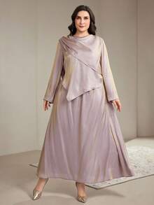Veilorie Plus Size Women Solid Color Long Sleeve Asymmetric Hem Shirt And Midi Skirt Conservative Arabic Set - Light Grey - View 5