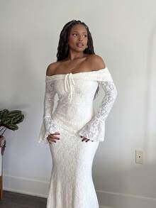 Tyla Gomez Women Off Shoulder Long Sleeve Front Tie Bodycon Dress,New Years Dress Women,New Year Party Dress,Valentine's Day,Tea Party Dress,White Graduation Dress - Beige - View 4