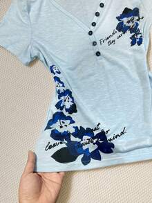 INAWLY Áo thun ngắn tay cổ chữ V in hoa, kiểu dáng thường ngày, thích hợp cho mùa hè. - Màu xanh nhạt - Xem 7