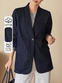 DAZY Women's V-Neck Loose Long Sleeve Casual Denim Jacket - Dark Wash - View 1