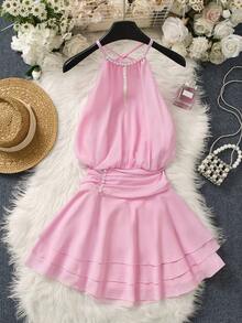 Franclia Women's Elegant Faux Pearl Beaded Ruched Halter Neck Dress, Summer - Pink - View 1