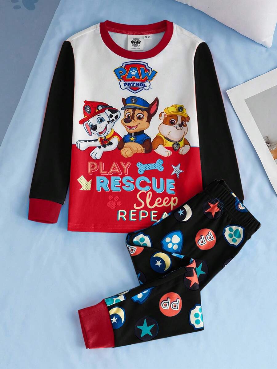 SHEIN | PAW Patrol Young Boy Cartoon Puppy & Letter Print Colorblock Snug Fit Pajama Set, Autumn/Winter - Black - View 1