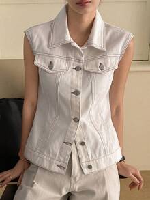 DAZY 女士翻领无袖修身休闲牛仔衬衫 - 白色 - 查看 3