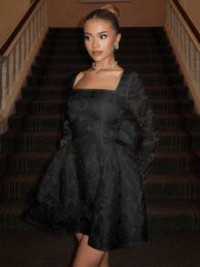 Glamine Charm French Elegant White Jacquard Contrast Lace Long Sleeve Mini Dress, Suitable For Birthday Party, Back To School, Graduation Dance, Sisters Gathering, Afternoon Tea - Black - View 3