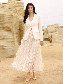 Modelyn Elegant Fashion Long Sleeve Blazer Jacket Paired With 3D Polka Dot Embroidered Skirt Suit Set - Apricot - View 7