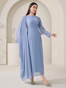 Veilorie Đầm xếp ly kiểu Ả Rập thanh lịch dành cho nữ, đính họa tiết bướm. - Màu xanh lam - Xem 9