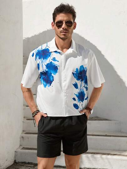 VIVINTIMO 中国风青花瓷花卉水彩图案男士休闲短袖满印花衬衫