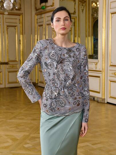 LOTSLUV 女士刺绣亮片薄纱圆领长袖衬衫，波浪形下摆和编织后片，适合派对场合