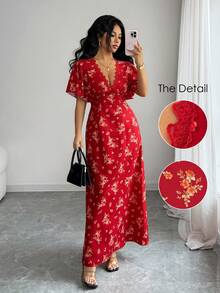 Selianne Damen V-Ausschnitt Puffärmel tailliertes A-Linien Kleid mit Blume Muster, ideal für Reisen, Strand, Sommer, verschiedene Farben - Rot - Übersicht 3